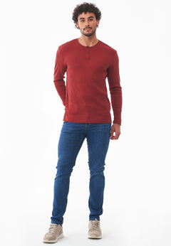 Men's Long-Sleeved Ribbed Henley Shirt Merlot