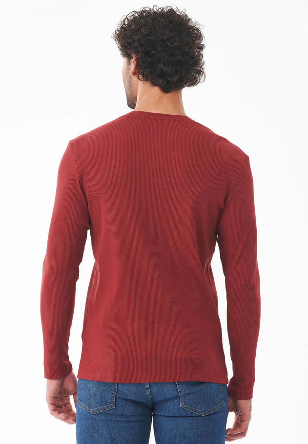 Men's Long-Sleeved Ribbed Henley Shirt Merlot