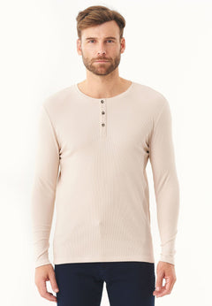 Men's Long-Sleeved Ribbed Henley Shirt Stone