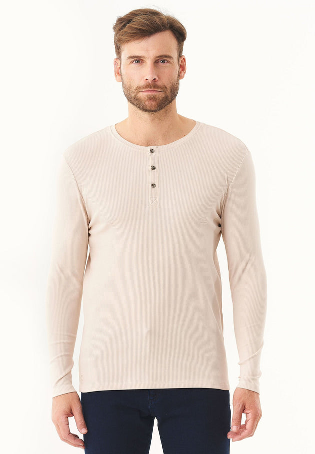 Men's Long-Sleeved Ribbed Henley Shirt Stone