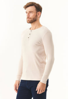 Men's Long-Sleeved Ribbed Henley Shirt Stone