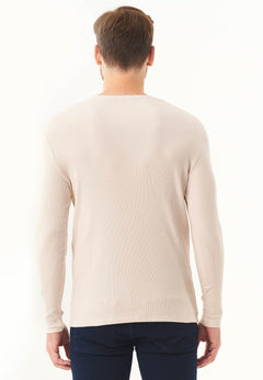 Men's Long-Sleeved Ribbed Henley Shirt Stone