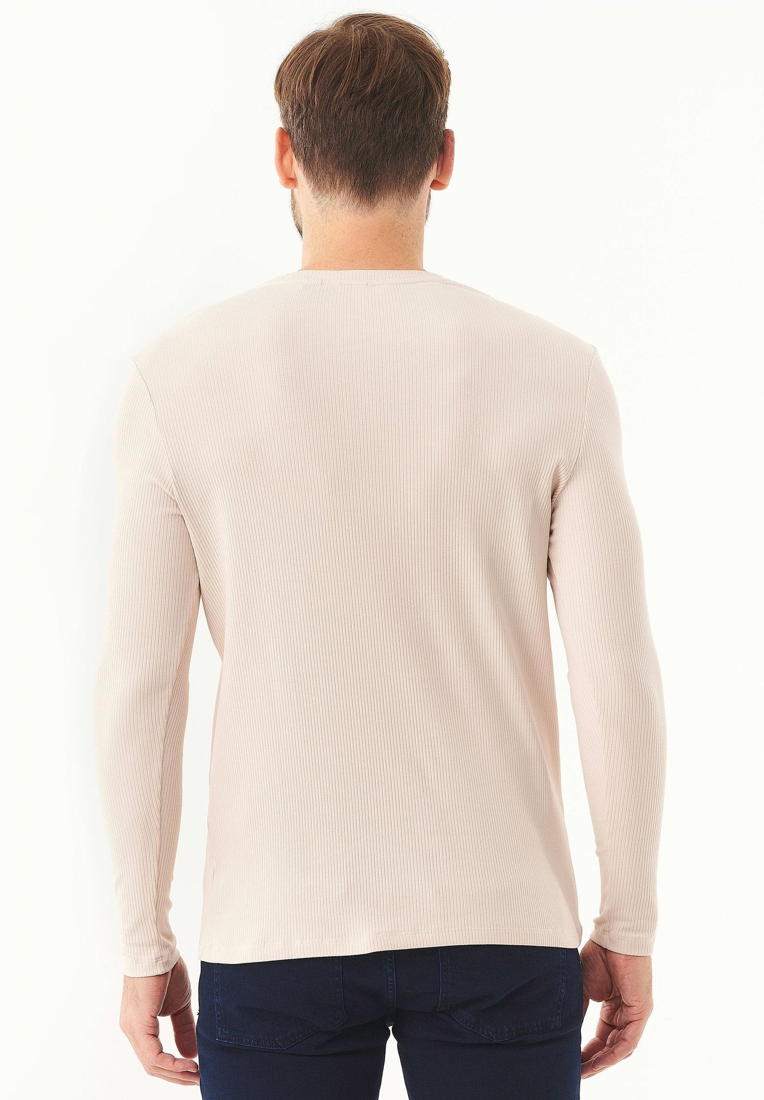 Men's Long-Sleeved Ribbed O-Neck Shirt Stone