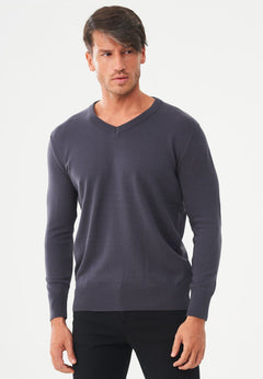 Men's V-Neck Organic Cotton Sweater Asphalt