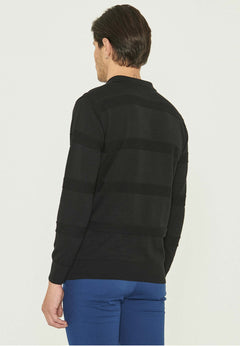 Men's Polo Collar Striped Knit Sweater Black