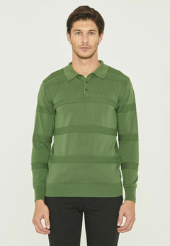 Men's Polo Collar Striped Knit Sweater Green