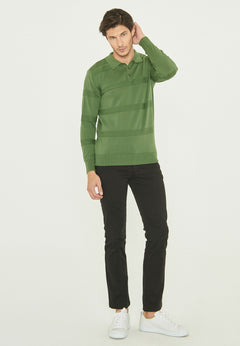 Men's Polo Collar Striped Knit Sweater Green