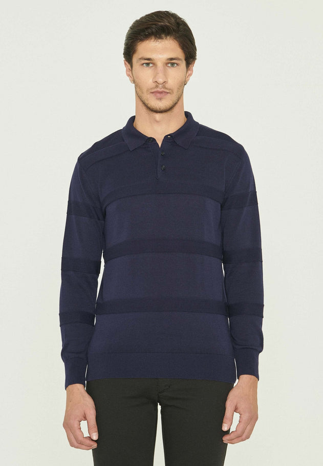 Men's Polo Collar Striped Knit Sweater Navy