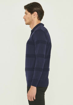 Men's Polo Collar Striped Knit Sweater Navy