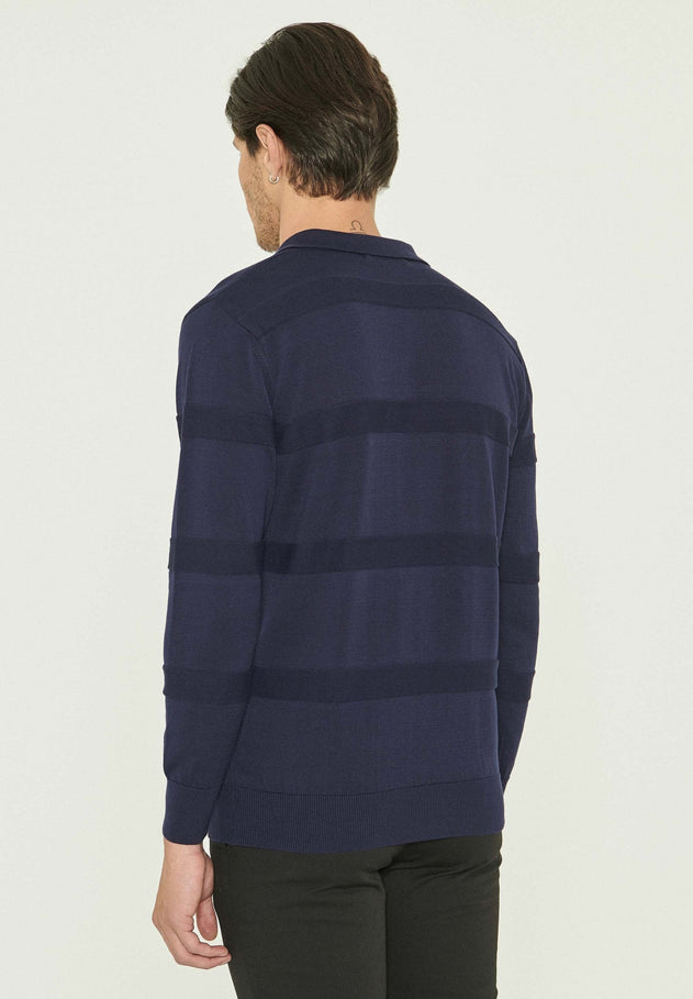 Men's Polo Collar Striped Knit Sweater Navy