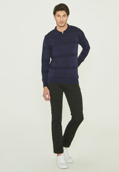 Men's Polo Collar Striped Knit Sweater Navy