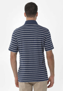 Heren Gestreept Linnenmix Poloshirt Marineblauw / Gebroken wit