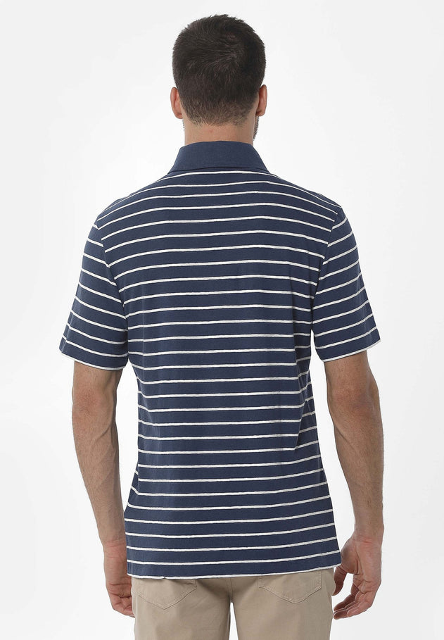 Heren Gestreept Linnenmix Poloshirt Marineblauw / Gebroken wit