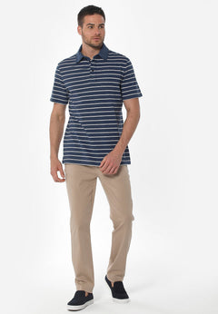 Heren Gestreept Linnenmix Poloshirt Marineblauw / Gebroken wit