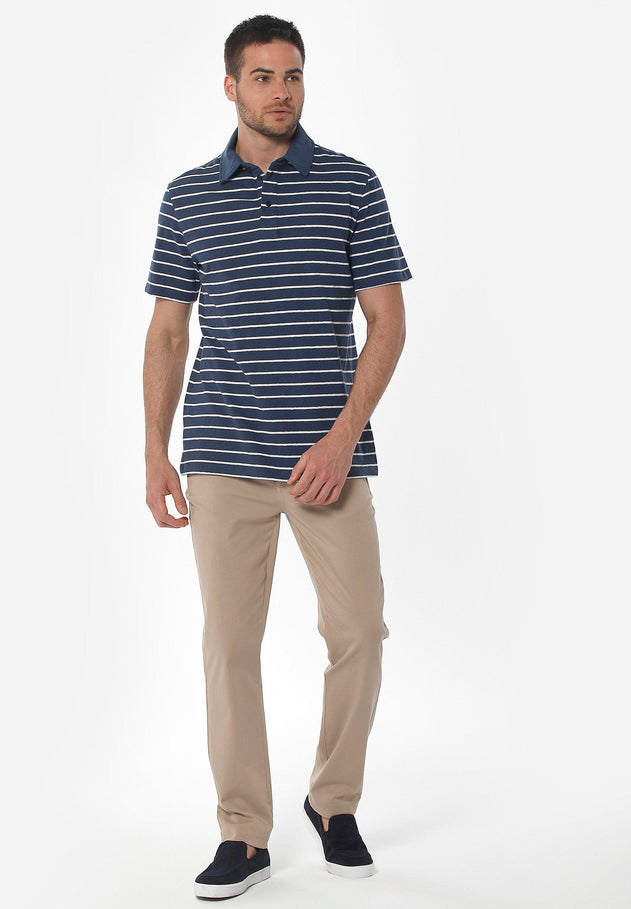 Heren Gestreept Linnenmix Poloshirt Marineblauw / Gebroken wit