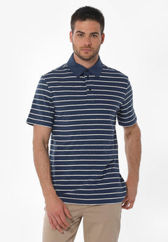 Heren Gestreept Linnenmix Poloshirt Marineblauw / Gebroken wit
