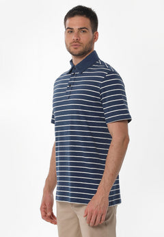 Heren Gestreept Linnenmix Poloshirt Marineblauw / Gebroken wit
