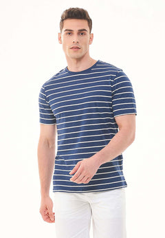 Heren Gestreept Linnenmix T-shirt Marineblauw / Gebroken wit