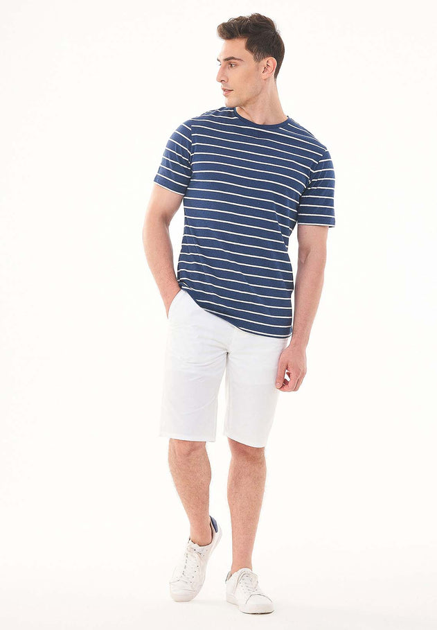 Heren Gestreept Linnenmix T-shirt Marineblauw / Gebroken wit
