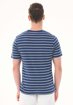 Heren Gestreept Linnenmix T-shirt Marineblauw / Gebroken wit