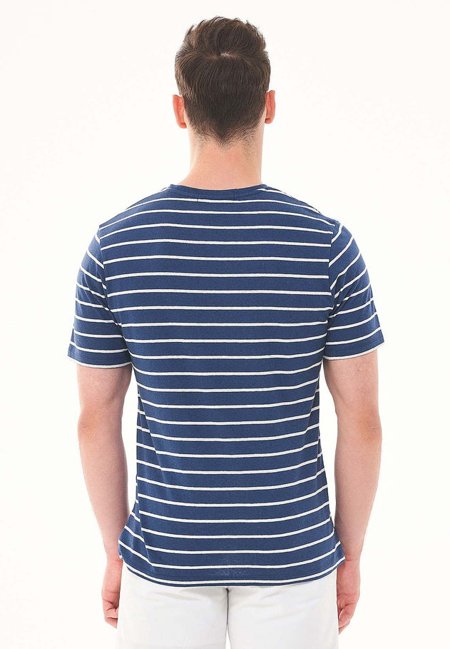 Heren Gestreept Linnenmix T-shirt Marineblauw / Gebroken wit