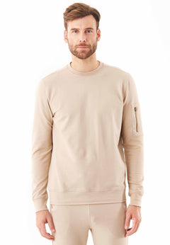 Men's Stretch Sweatshirt With Zip Sleeve Pocket Beige