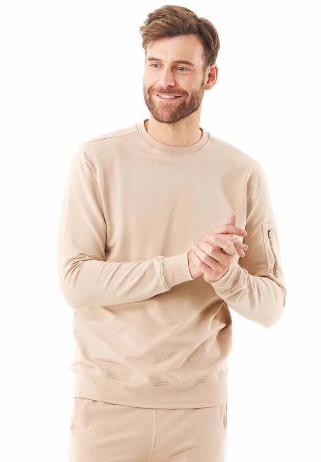 Men's Stretch Sweatshirt With Zip Sleeve Pocket Beige