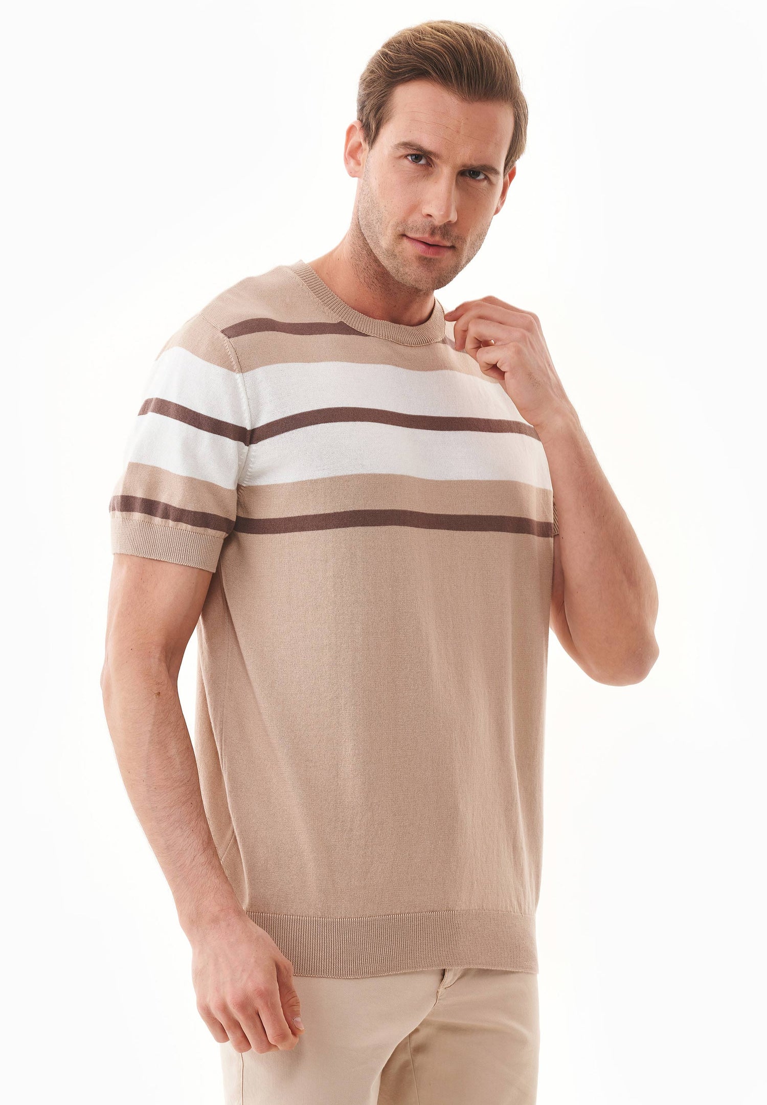 Heren Fine-Knit Gestreept T-shirt Beige / Deep Taupe / Gebroken wit