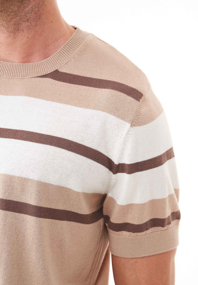 Heren Fine-Knit Gestreept T-shirt Beige / Deep Taupe / Gebroken wit