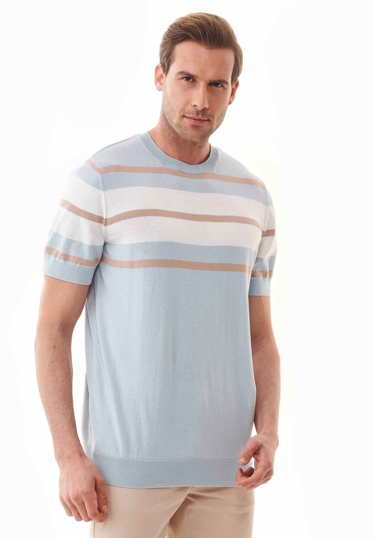 Heren Fine-Knit Gestreept T-shirt Blue Haze / Beige / Gebroken wit