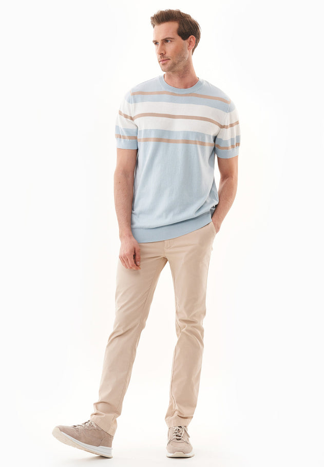 Heren Fine-Knit Gestreept T-shirt Blue Haze / Beige / Gebroken wit