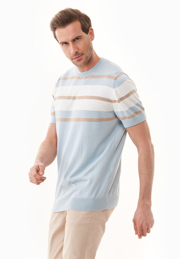 Heren Fine-Knit Gestreept T-shirt Blue Haze / Beige / Gebroken wit