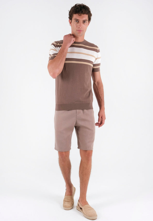 Heren Fine-Knit Gestreept T-shirt Deep Taupe / Beige / Gebroken wit