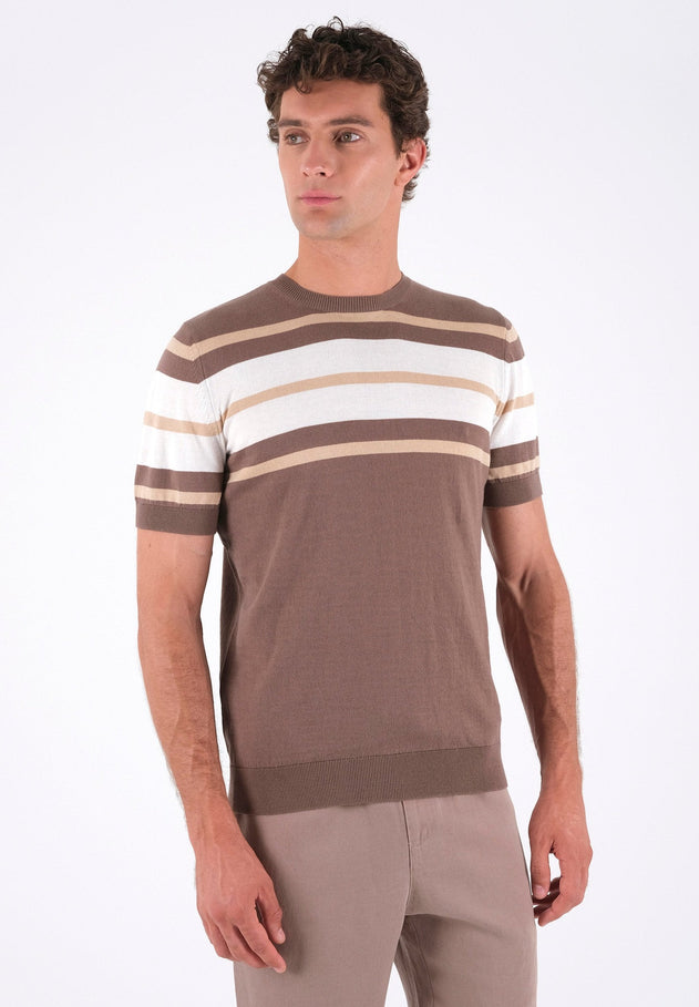 Heren Fine-Knit Gestreept T-shirt Deep Taupe / Beige / Gebroken wit