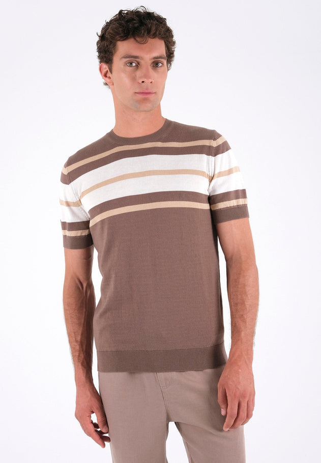 Heren Fine-Knit Gestreept T-shirt Deep Taupe / Beige / Gebroken wit