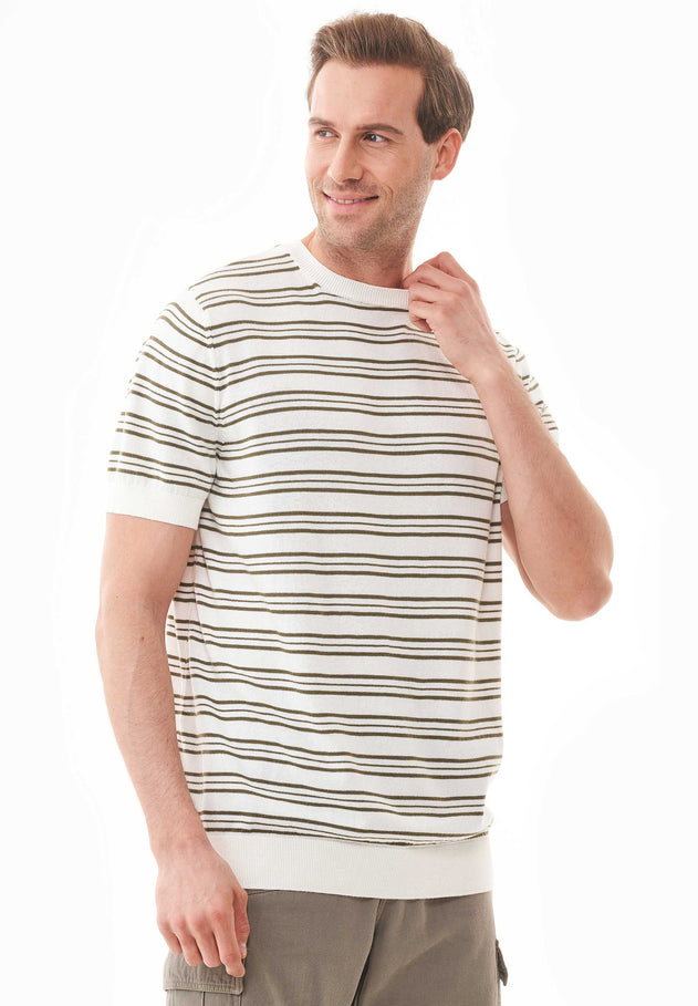 Heren Fine-Knit Gestreept T-shirt Gebroken wit / Khaki