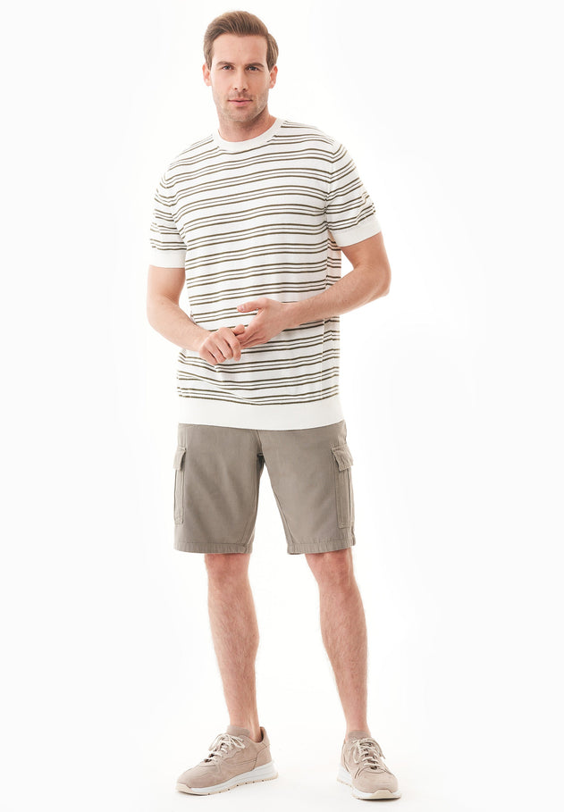 Heren Fine-Knit Gestreept T-shirt Gebroken wit / Khaki