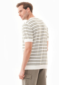 Heren Fine-Knit Gestreept T-shirt Gebroken wit / Khaki