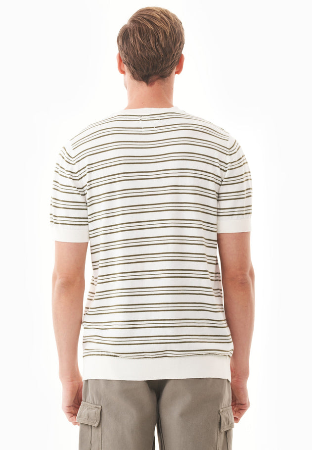 Heren Fine-Knit Gestreept T-shirt Gebroken wit / Khaki