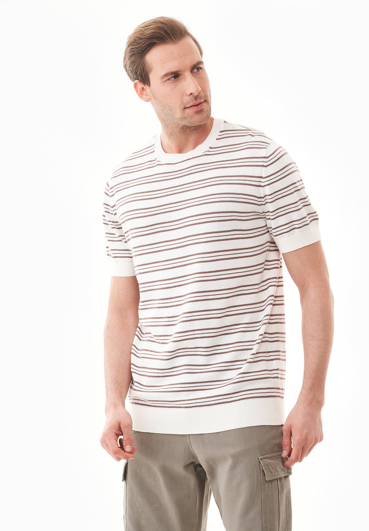 Heren Fine-Knit Gestreept T-shirt Gebroken wit / Deep Taupe