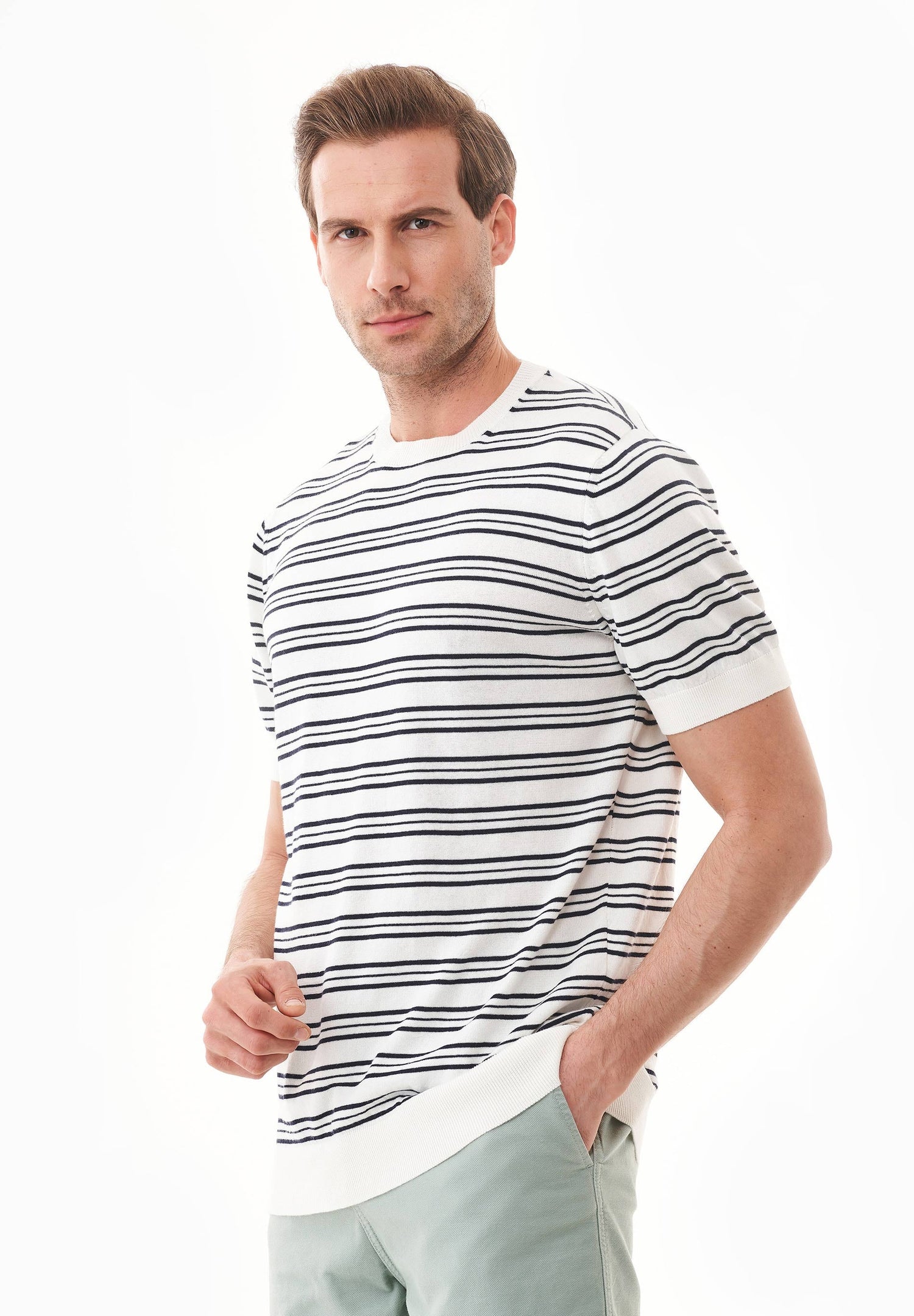 Men's Fine-Knit Organic Cotton T-Shirt Striped Off-White/Navy
