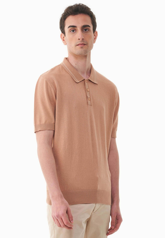 Heren Gebreid Poloshirt Tan