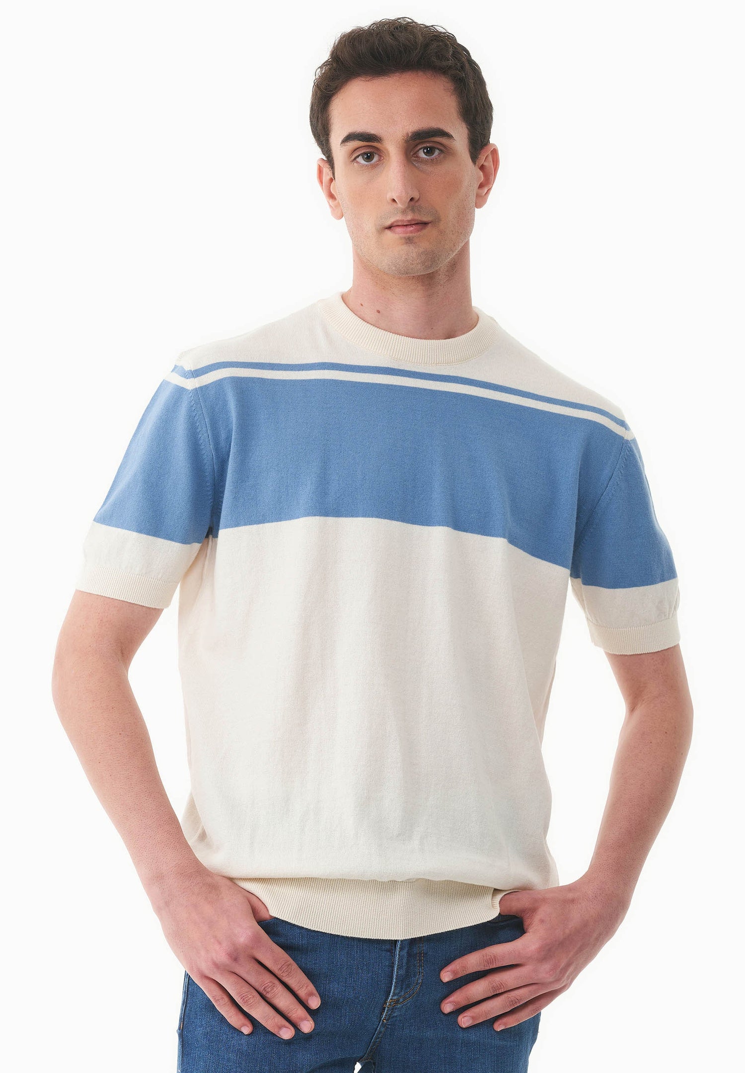 Men's Organic Cotton Knit T-Shirt Ecru/Coronet Blue