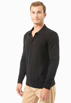 Men's Textured Knit Polo Collar Sweater Black