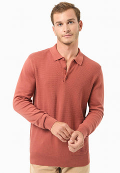 Men's Textured Knit Polo Collar Sweater Cinnamon
