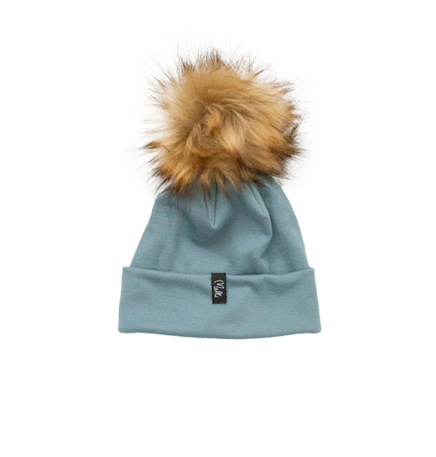 Melli EcoDesign Merino Wool Faux Fur Pompom Beanie Menthol Blue