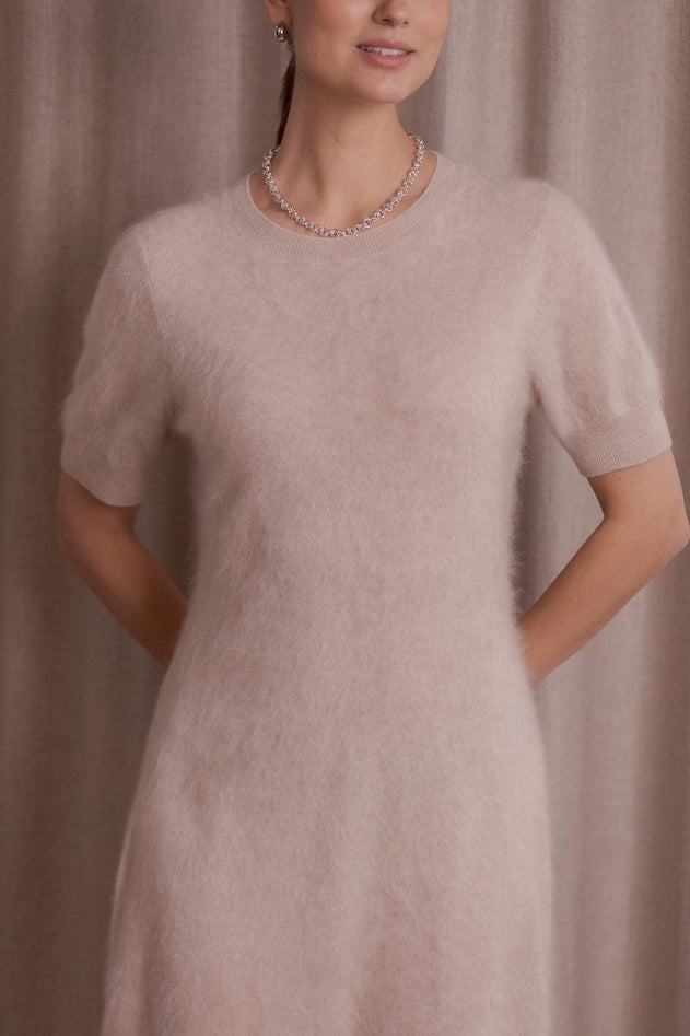 Short-Sleeved Cashmere Knitted Dress Latte