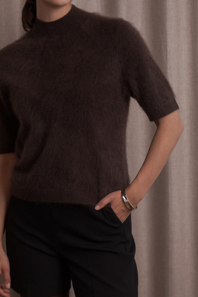 Short-Sleeved Mock-Neck Cashmere Sweater Dark Chocolate