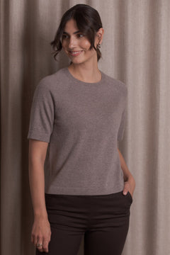 Short-Sleeved Plain Cashmere Sweater Nougat