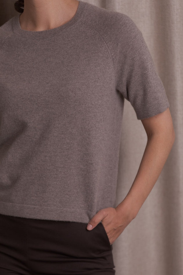 Short-Sleeved Plain Cashmere Sweater Nougat